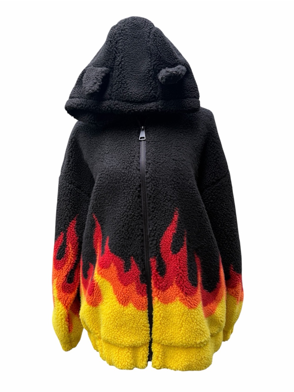 Dolls Kill Black Sherpa Hoodie with Red and Yellow Flame Trim